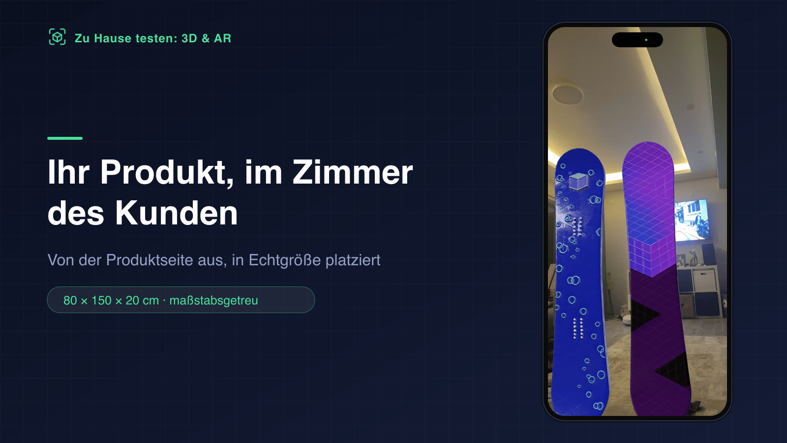 Zwei Snowboards, in Augmented Reality in Echtgröße in einem Wohnzimmer aufgestellt