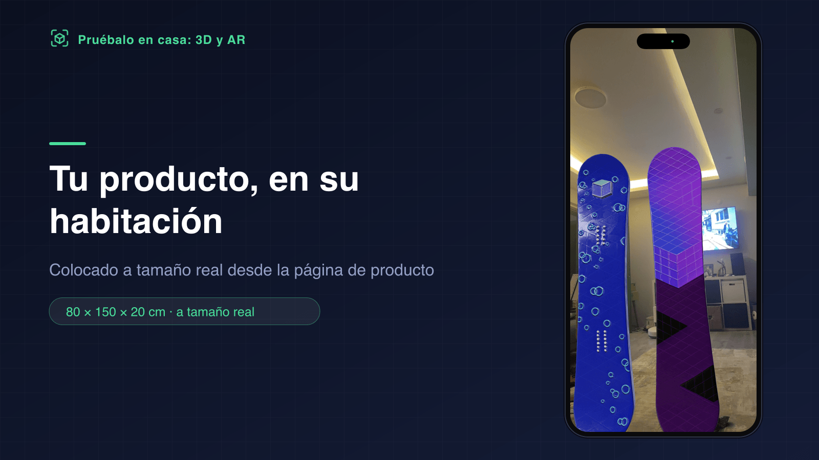 Dos tablas de snowboard colocadas en un salón con realidad aumentada a su tamaño real