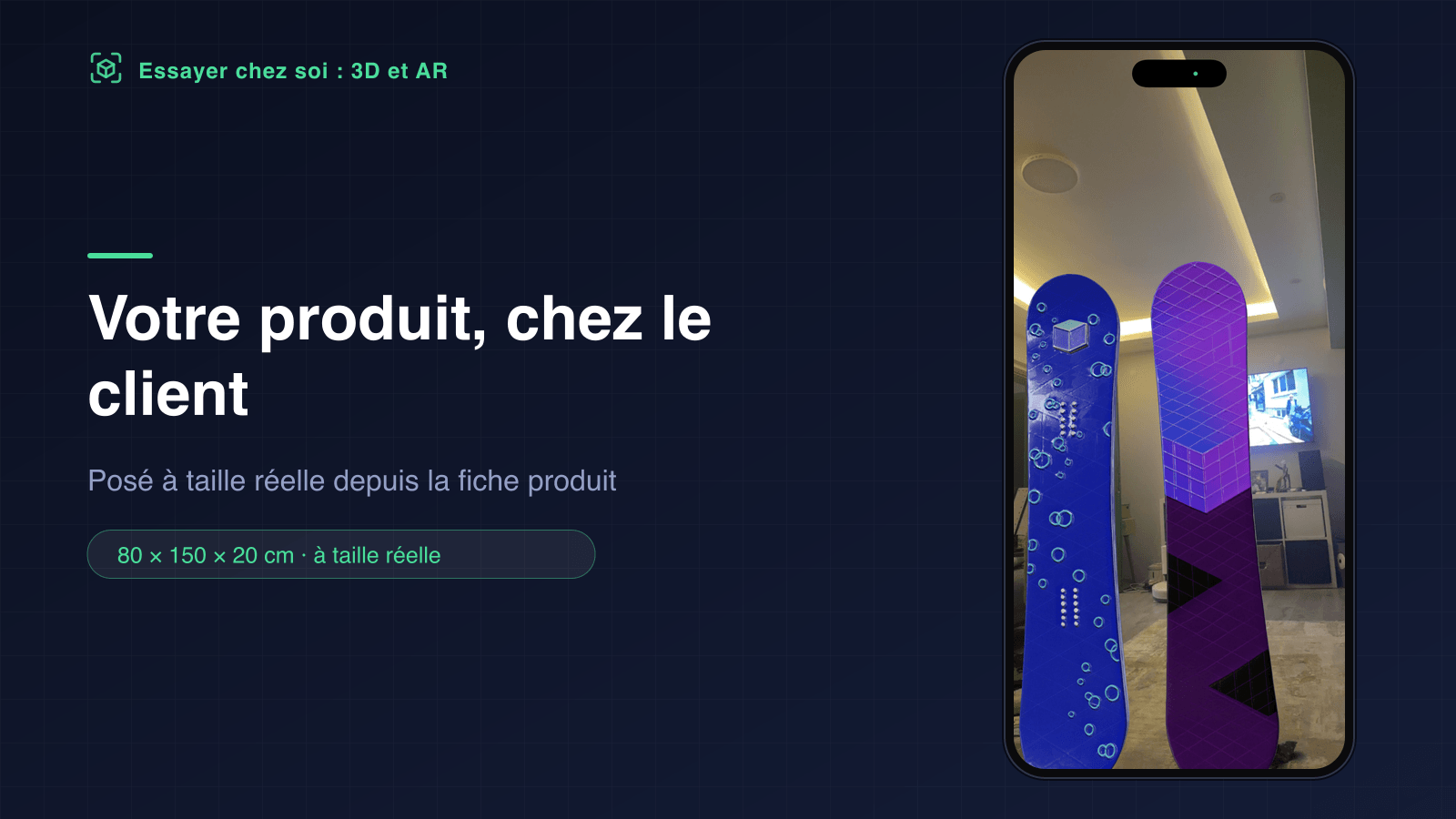 Deux snowboards posés dans un salon en réalité augmentée à leur taille réelle
