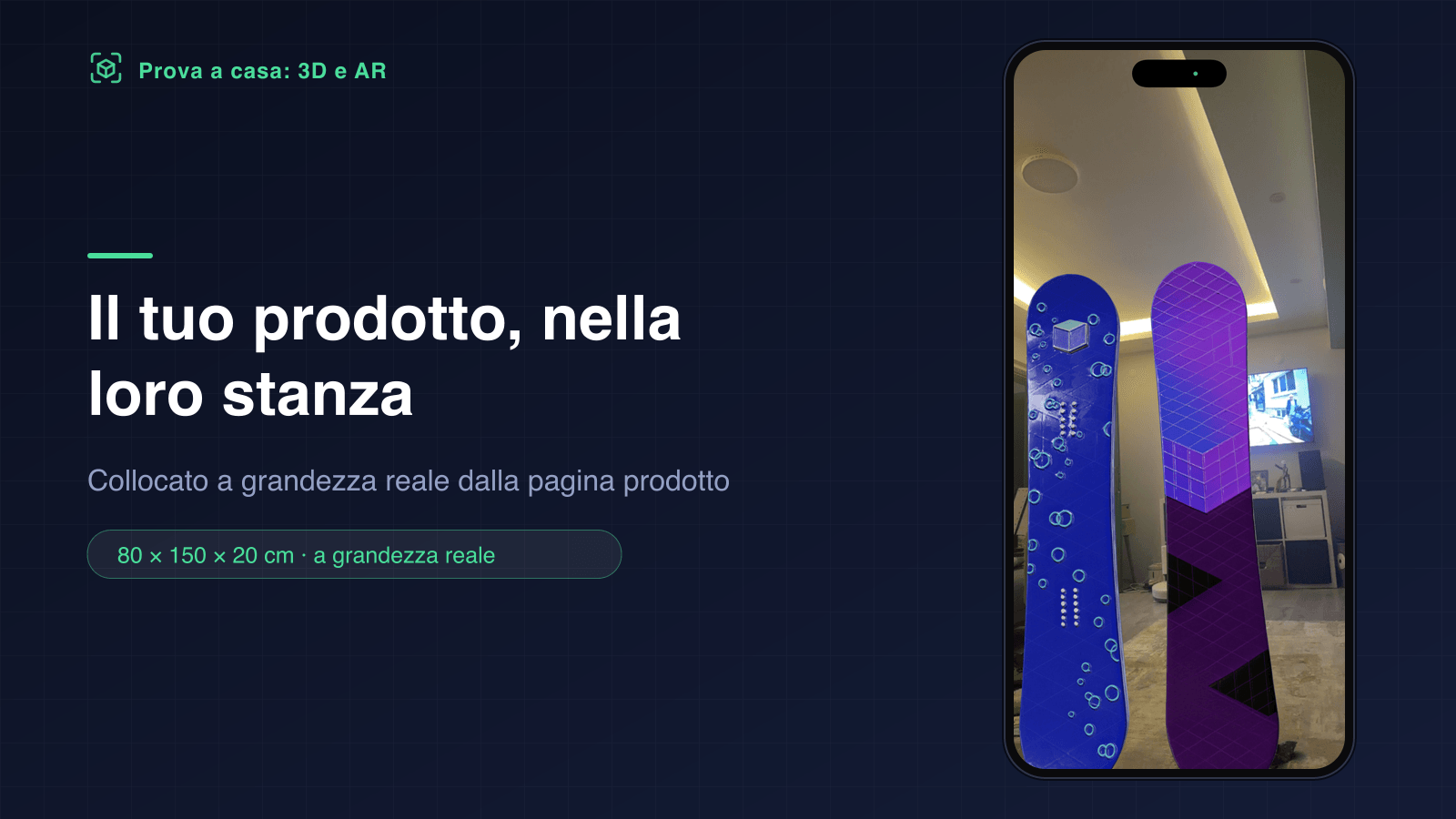 Due snowboard collocati in un salotto in realtà aumentata alla loro grandezza reale