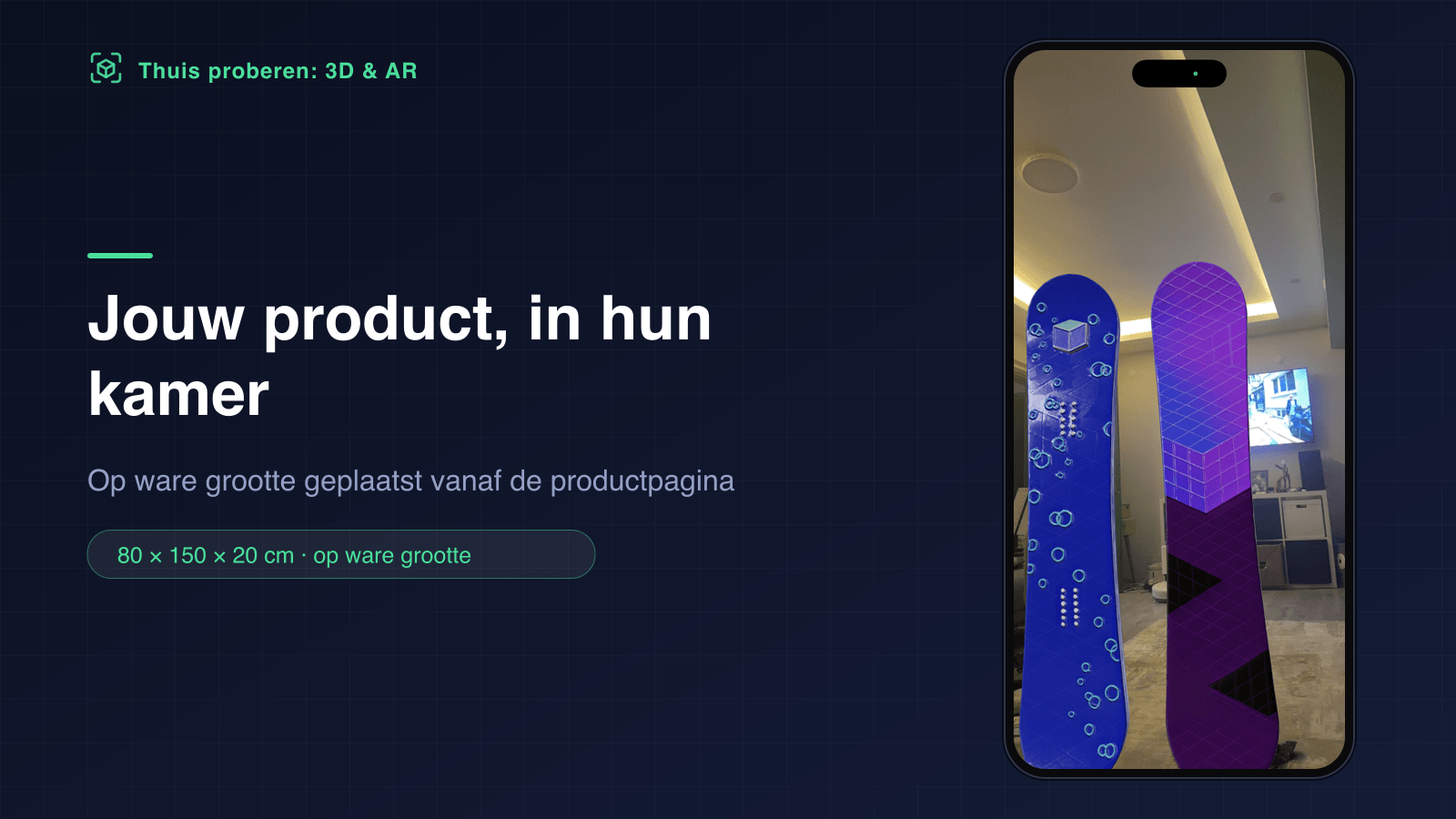 Twee snowboards die in augmented reality op ware grootte rechtop in een woonkamer staan