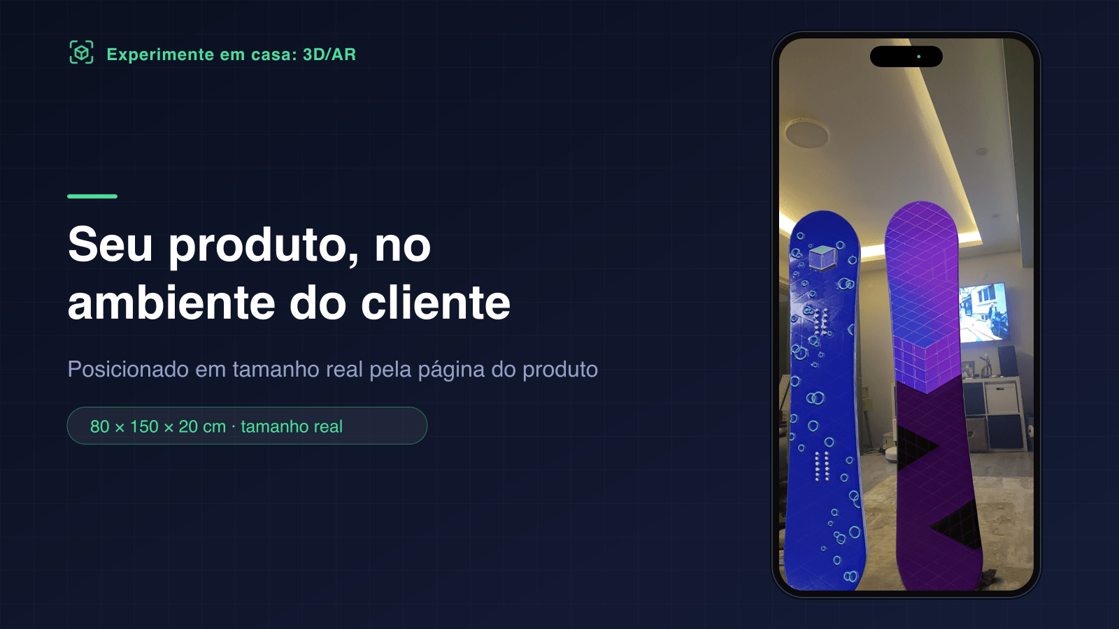 Dois snowboards colocados em pé numa sala de estar em realidade aumentada no tamanho real