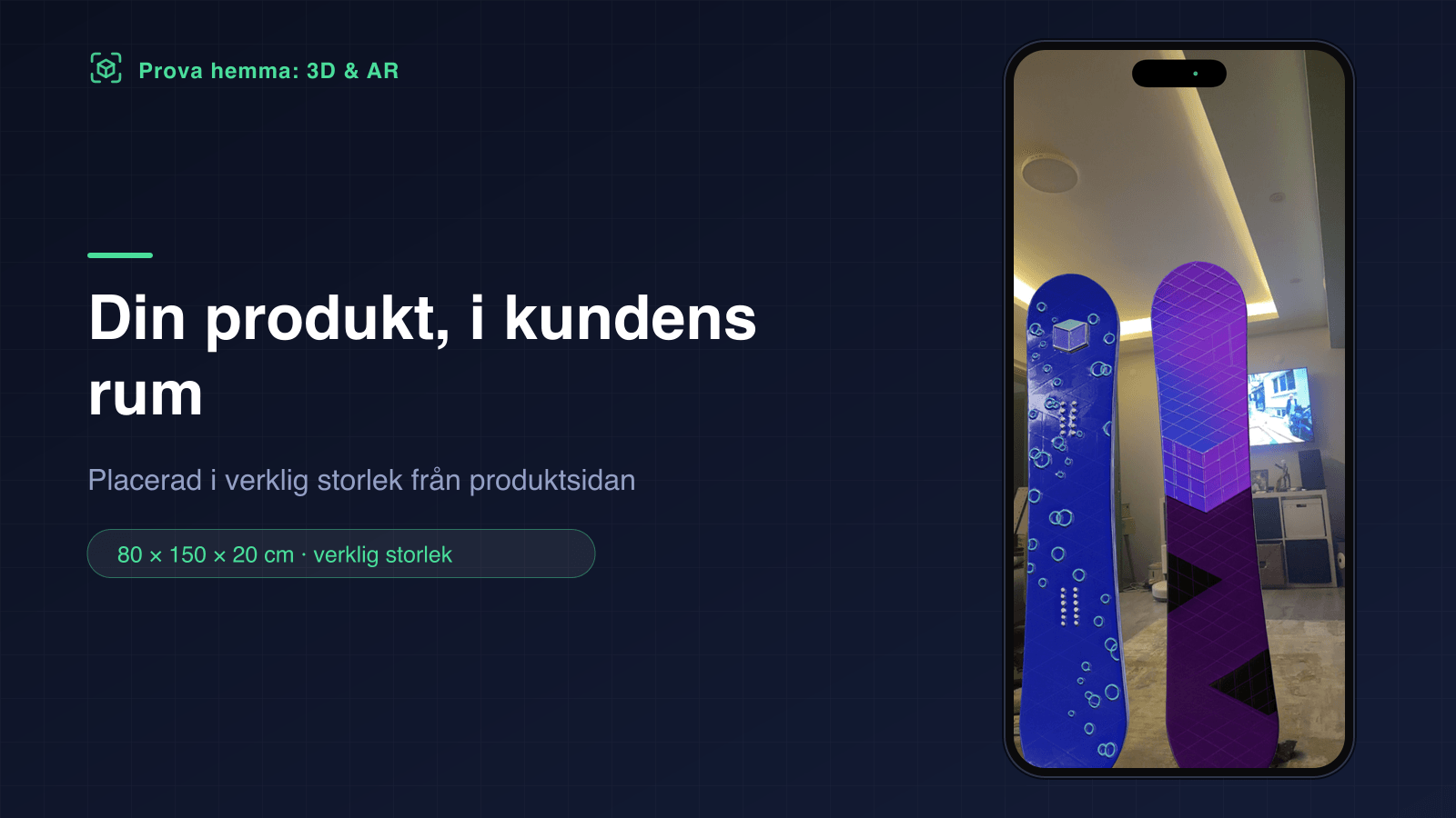 Två snowboards placerade upprätt i ett vardagsrum i förstärkt verklighet i sin verkliga storlek