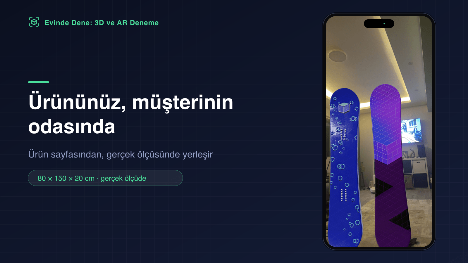 Oturma odasına artırılmış gerçeklikle gerçek ölçüsünde yerleştirilmiş iki snowboard