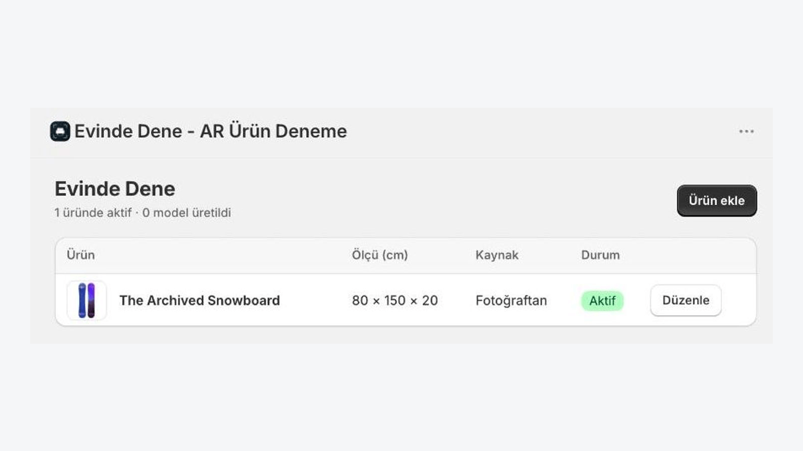 App admin list of products showing the 3D model source and an active status badge for each product