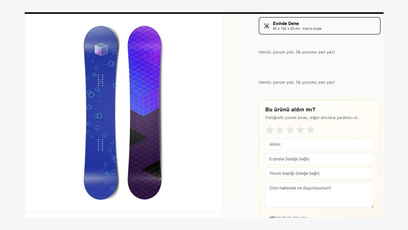 Product page showing the Try at Home button with the dimensions 80 x 150 x 20 cm and a true-to-scale label