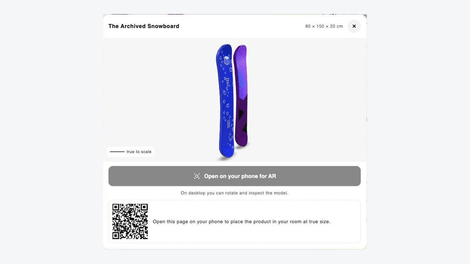 Desktop 3D viewer showing a rotatable product model next to a QR code that opens augmented reality on a phone